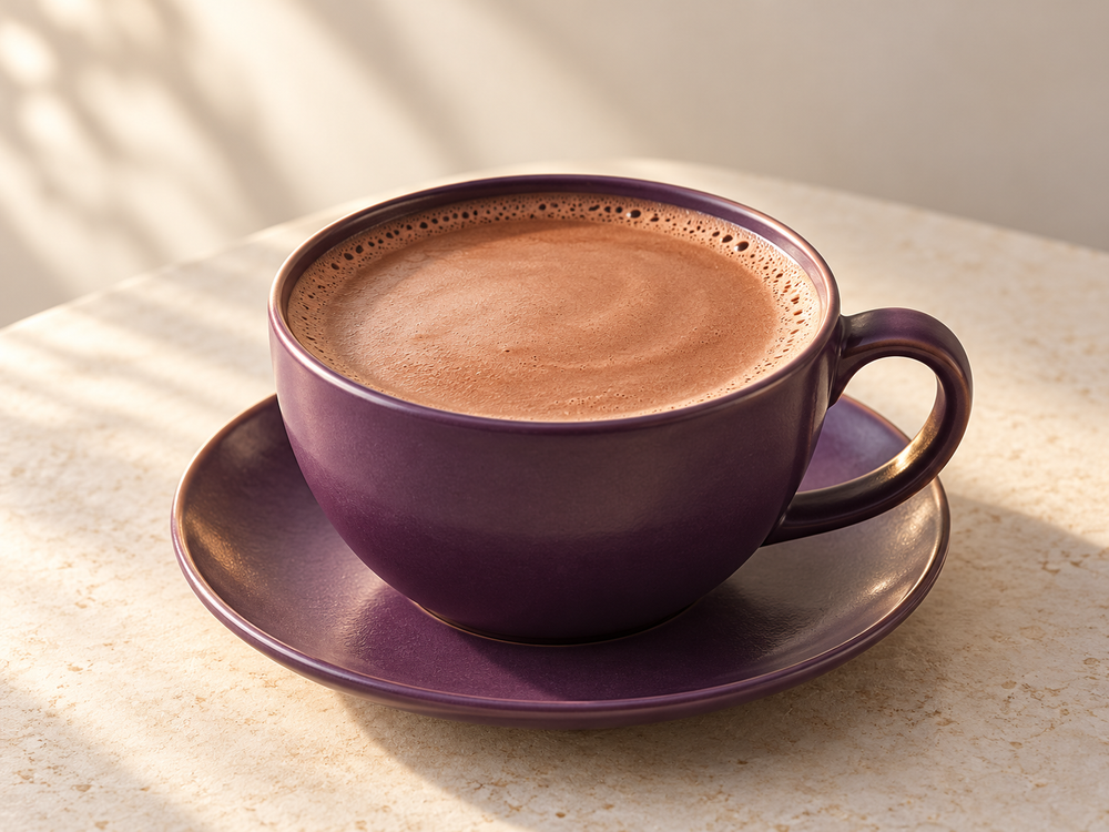 Serving illustration: a smooth chocolate drink in a purple cup