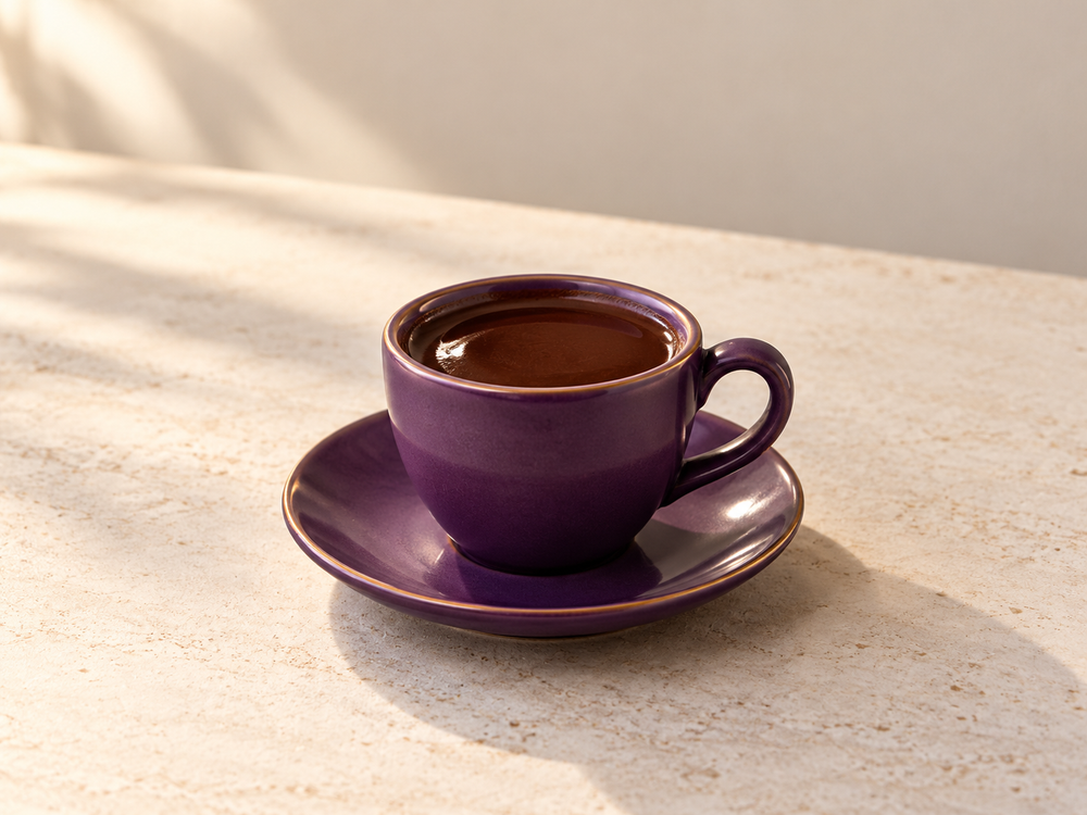 Serving illustration: a concentrated cocoa shot in a small purple cup