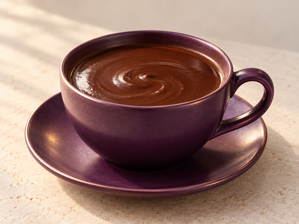 Serving illustration: rich hot chocolate in a purple cup